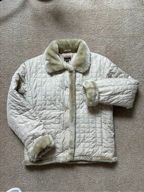 Quilted Faux-Fur Trim Kids Jacket - Cream